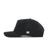 The No Rivals Sam Houston State Golf Hat in black features small side ventilation holes, an embroidered NR logo patch above the brim, a snapback closure, and is displayed in side profile on a white background.