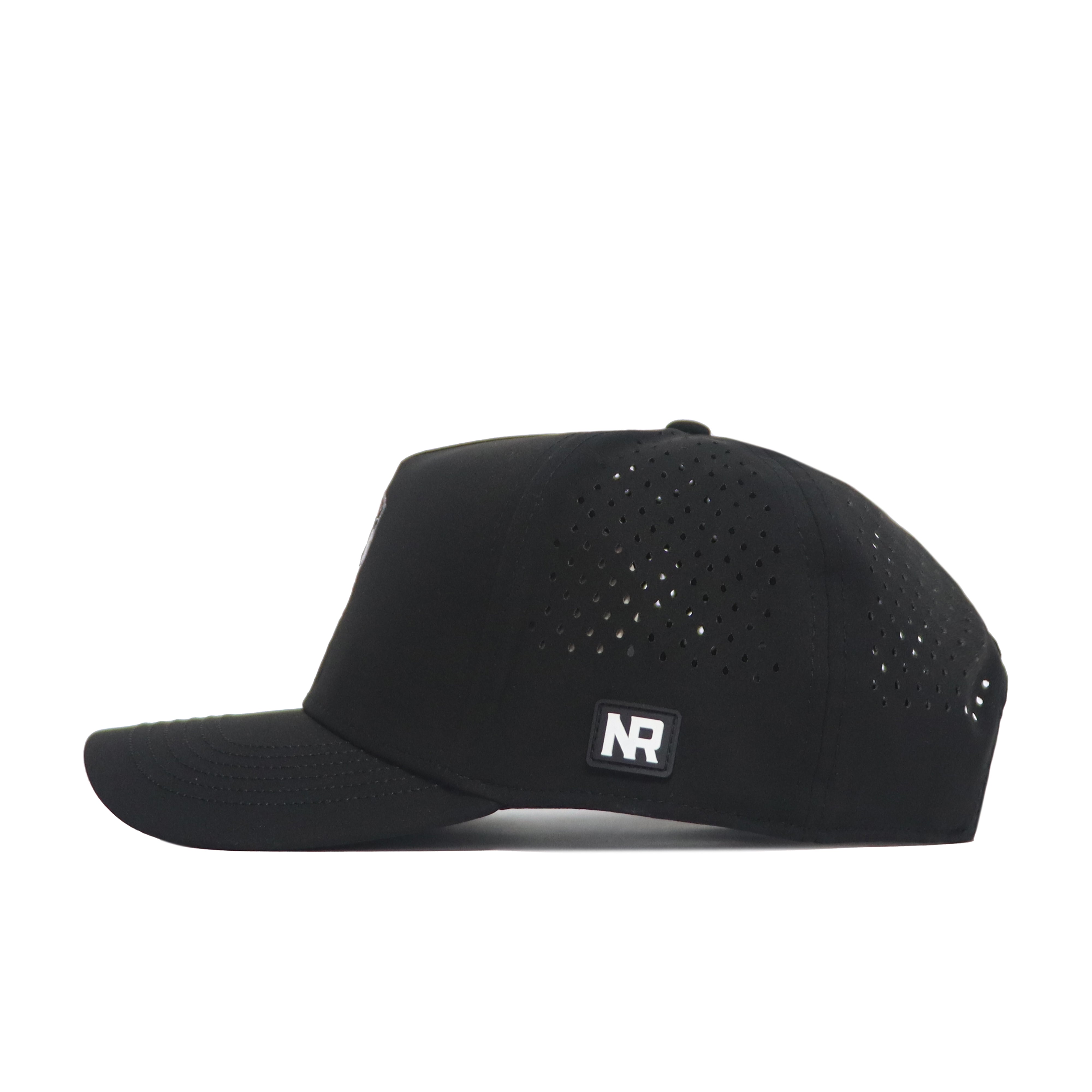 The No Rivals Sam Houston State Golf Hat in black features small side ventilation holes, an embroidered NR logo patch above the brim, a snapback closure, and is displayed in side profile on a white background.