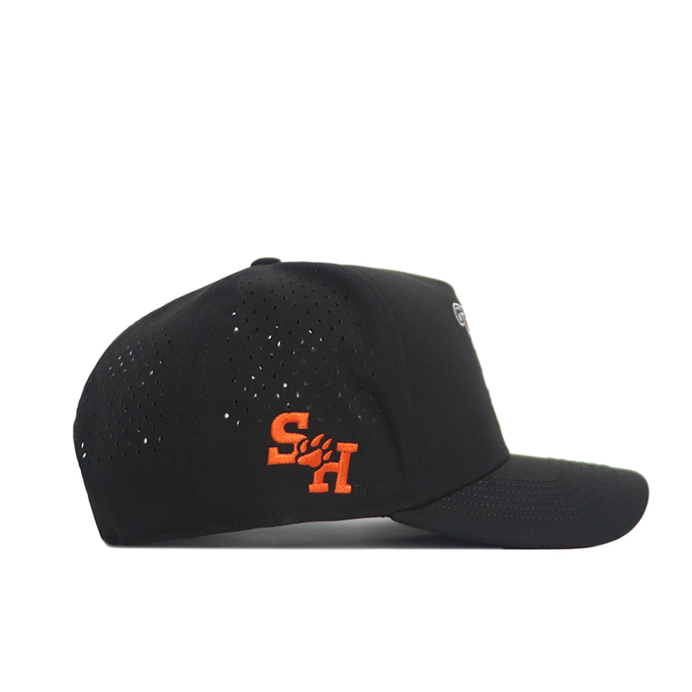 The No Rivals Sam Houston State Golf Hat in black features an orange SH embroidered logo, side paw print, ventilation holes, and a snap back closure for an adjustable fit. Structured and shown in side profile view.