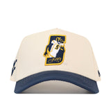 Introducing the No Rivals WVU Pat White’s No. 5 Hat - Classic Navy: This cream and navy baseball cap showcases a stylized embroidered graphic of a football player in a yellow and blue uniform with the number 5, outlined against a bold yellow shape on the front. An officially licensed logo is also embroidered, and the cap features a snap back closure for an adjustable fit.