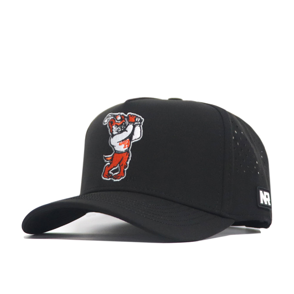 The No Rivals Sam Houston State Golf Hat in black features an embroidered cartoon bulldog flexing on the front, a small rectangular NR patch on the side, and a snapback closure for an adjustable fit.
