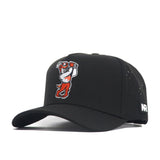 The No Rivals Sam Houston State Golf Hat in black features an embroidered cartoon bulldog flexing on the front, a small rectangular NR patch on the side, and a snapback closure for an adjustable fit.