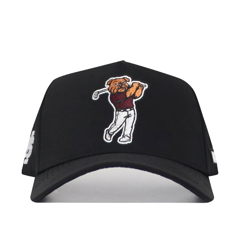 The No Rivals Mississippi State Golf Hat - Black is a structured snapback featuring an embroidered cartoon dog in a maroon shirt and white pants swinging a golf club, crafted from a comfortable polyester-cotton blend.