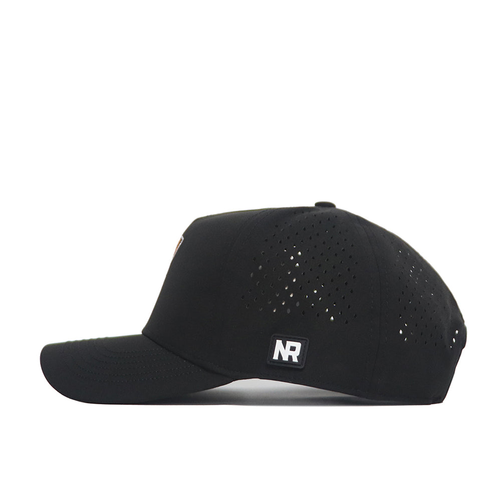 The Mississippi State Golf Hat - Black by No Rivals features a rectangular NR logo patch, side and back ventilation holes, and a structured Snap Back fit. Made from a durable polyester cotton blend, it's shown in side profile against a white background.