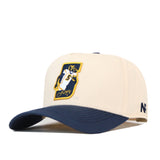 Introducing the WVU Pat White’s No. 5 Hat - Classic Navy from No Rivals, this cap features a classic navy and beige design with an embroidered football player and prominent letter S on the front, as well as a cursive signature beneath the player. The snap back adjustment ensures a comfortable fit, while the expertly embroidered logo adds a stylish finishing touch.