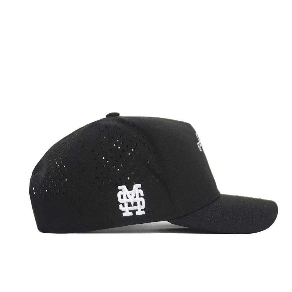 The No Rivals Mississippi State Golf Hat in black features a structured fit, small side ventilation holes, and a white embroidered MS logo near the back. Made from a durable polyester-cotton blend, this snapback is shown from the side on a white background.