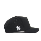 The No Rivals Mississippi State Golf Hat in black features a structured fit, small side ventilation holes, and a white embroidered MS logo near the back. Made from a durable polyester-cotton blend, this snapback is shown from the side on a white background.