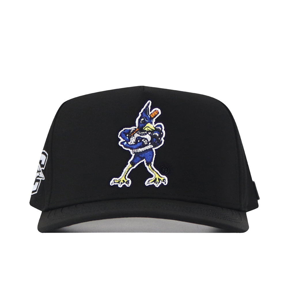 Introducing the Creighton Bluejays Baseball Hat by No Rivals—a black performance fabric cap featuring an embroidered cartoon Bluejay in a blue shirt on the front. The flat brim offers a modern look, while a white and blue patch with the letter “C” decorates the left side. An adjustable snap back closure ensures a comfortable fit.