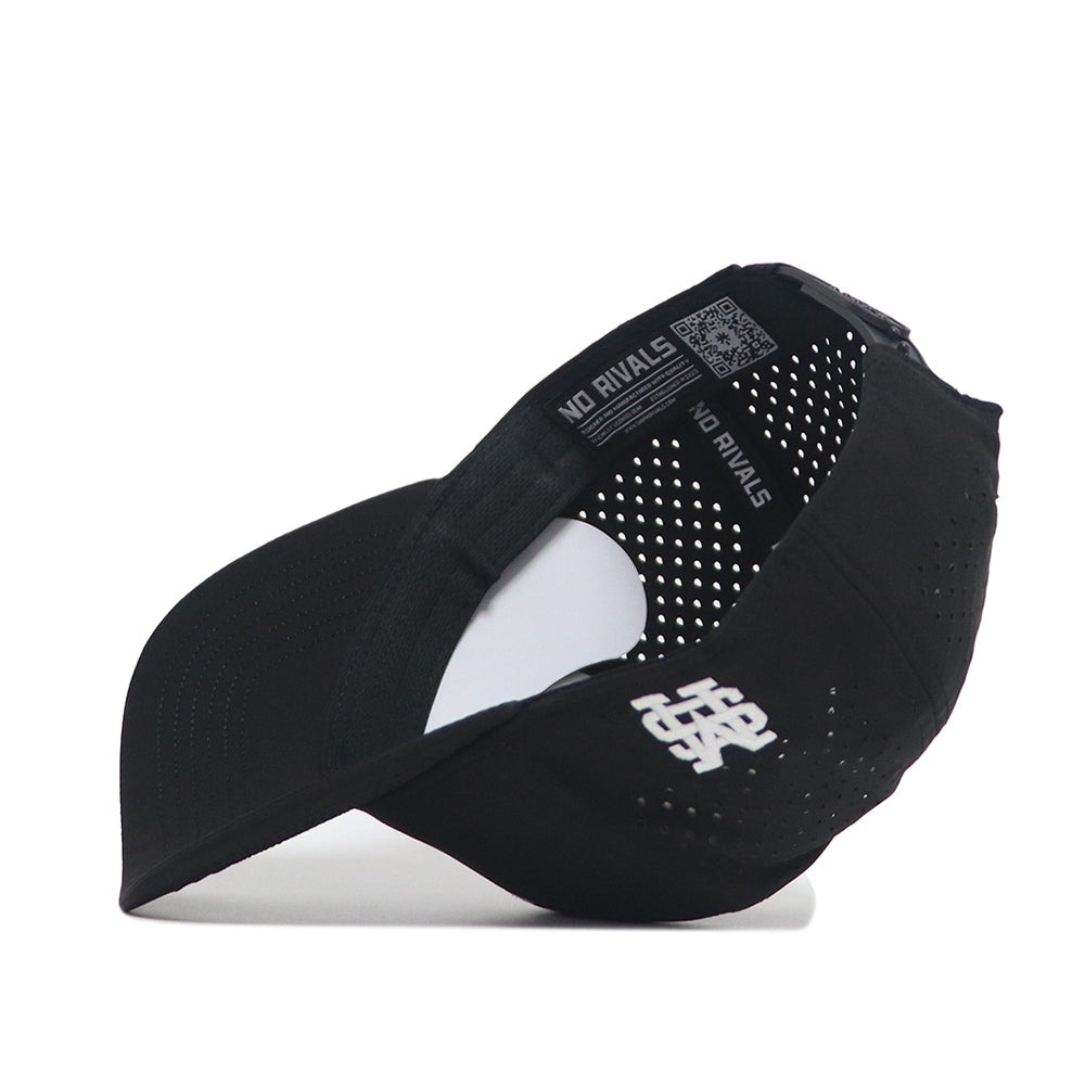 The Mississippi State Golf Hat - Black by No Rivals is a structured fit cap with ventilation holes, interior labels reading "NO RIVALS," and a white front logo. Made from a comfortable polyester cotton blend.