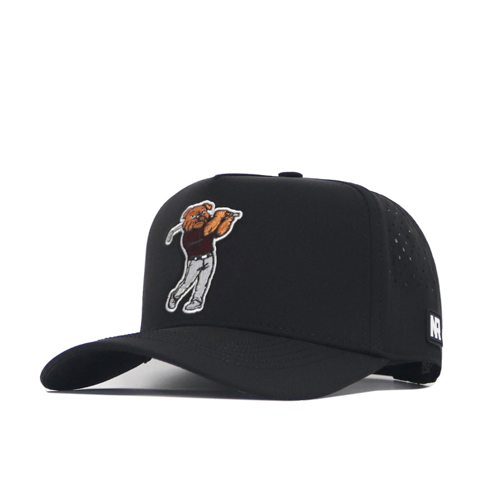 The No Rivals Mississippi State Golf Hat - Black is a structured snapback featuring a small embroidered cartoon bear swinging a golf club on the front, subtle NR logo on the side, and crafted from a comfy polyester-cotton blend.