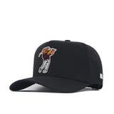 The No Rivals Mississippi State Golf Hat - Black is a structured snapback featuring a small embroidered cartoon bear swinging a golf club on the front, subtle NR logo on the side, and crafted from a comfy polyester-cotton blend.