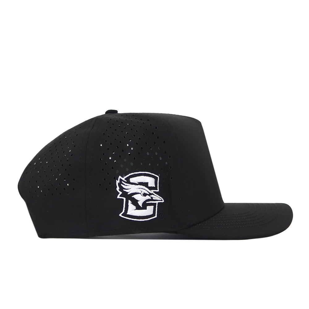 The No Rivals Creighton Bluejays Baseball Hat in black is crafted from performance fabric with side perforations and features a white and gray bird logo with a bold “C” outline on the front. It includes a snap back closure for an adjustable fit.