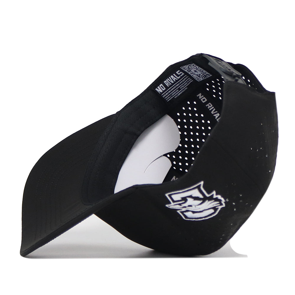 A Creighton Bluejays Baseball Hat by No Rivals is shown in black, turned upside down to display the interior featuring the NO RIVALS text and a white stylized mascot logo on the brim. This officially licensed cap boasts ventilation holes, a curved bill, and an adjustable snapback closure for a custom fit. Crafted from performance fabric, it delivers both style and comfort.