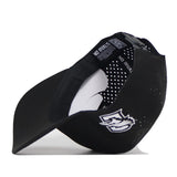 A Creighton Bluejays Baseball Hat by No Rivals is shown in black, turned upside down to display the interior featuring the NO RIVALS text and a white stylized mascot logo on the brim. This officially licensed cap boasts ventilation holes, a curved bill, and an adjustable snapback closure for a custom fit. Crafted from performance fabric, it delivers both style and comfort.
