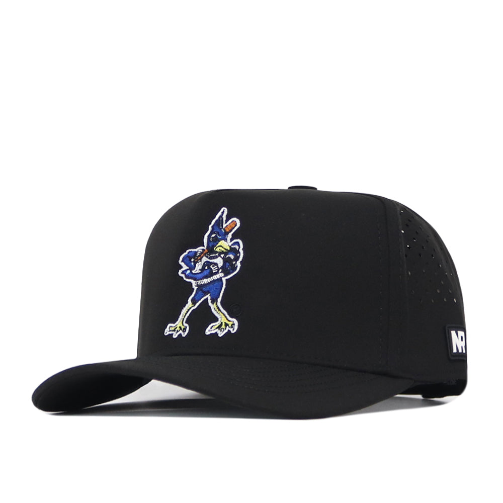 The Creighton Bluejays Baseball Hat by No Rivals features a black performance fabric design with a cartoon blue roadrunner embroidered on the front and a small NR logo on the side. Officially licensed and crafted for optimal comfort, this snapback is perfect for fans seeking both style and function.