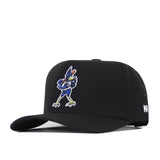 The Creighton Bluejays Baseball Hat by No Rivals features a black performance fabric design with a cartoon blue roadrunner embroidered on the front and a small NR logo on the side. Officially licensed and crafted for optimal comfort, this snapback is perfect for fans seeking both style and function.