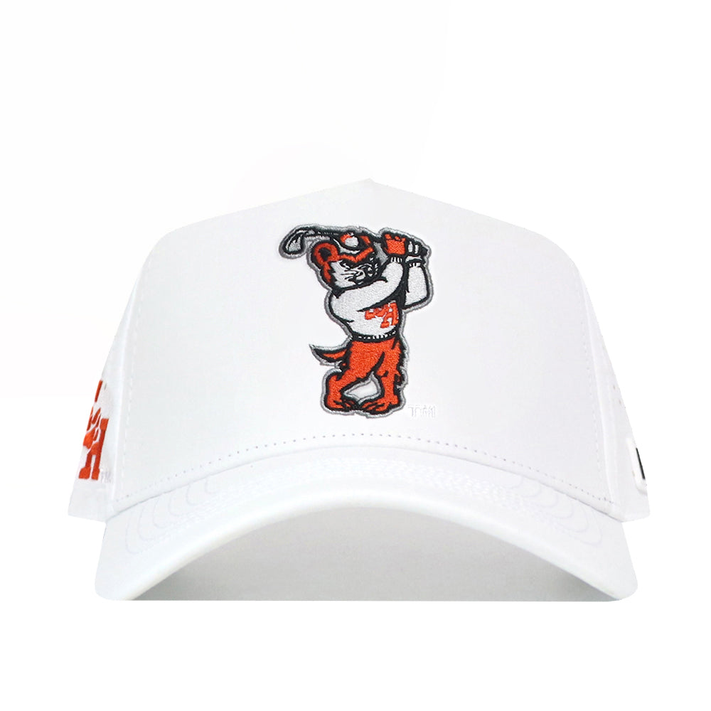 The No Rivals Sam Houston State Golf Hat in white features an embroidered cartoon bulldog swinging a golf club—perfect for your gameday fit.