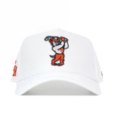 The No Rivals Sam Houston State Golf Hat in white features an embroidered cartoon bulldog swinging a golf club—perfect for your gameday fit.