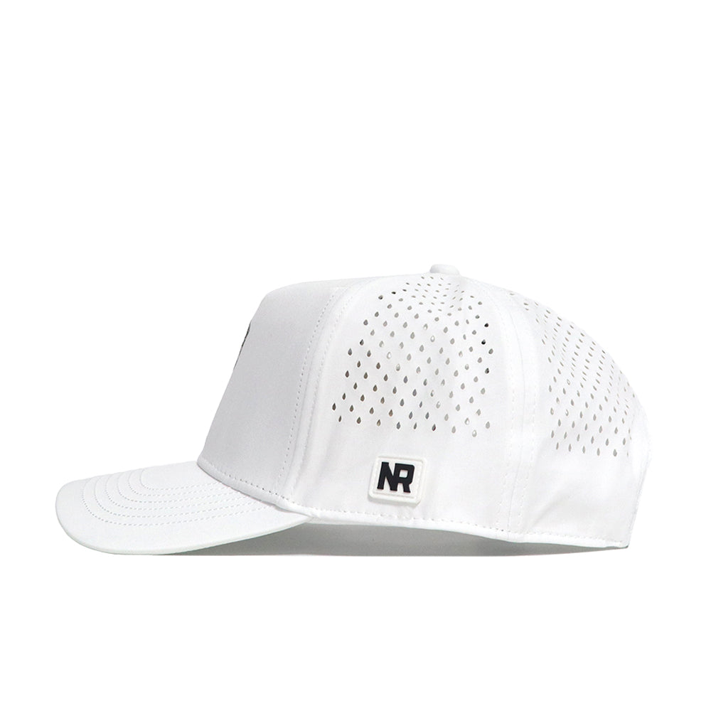 The No Rivals Sam Houston State Golf Hat in white features side ventilation holes and an embroidered NR logo patch near the back—perfect for your game day look. Shown in a side profile against a white background.