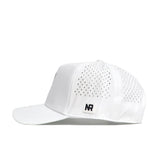 The No Rivals Sam Houston State Golf Hat in white features side ventilation holes and an embroidered NR logo patch near the back—perfect for your game day look. Shown in a side profile against a white background.