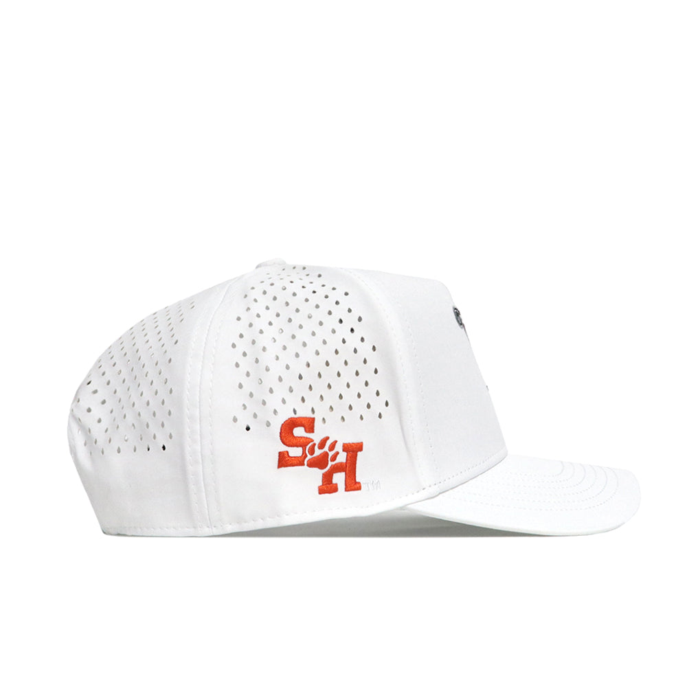 The No Rivals Sam Houston State Golf Hat in white features side ventilation holes and an orange SH embroidered logo with a paw print above the left ear—ideal for your gameday look.