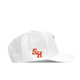 The No Rivals Sam Houston State Golf Hat in white features side ventilation holes and an orange SH embroidered logo with a paw print above the left ear—ideal for your gameday look.