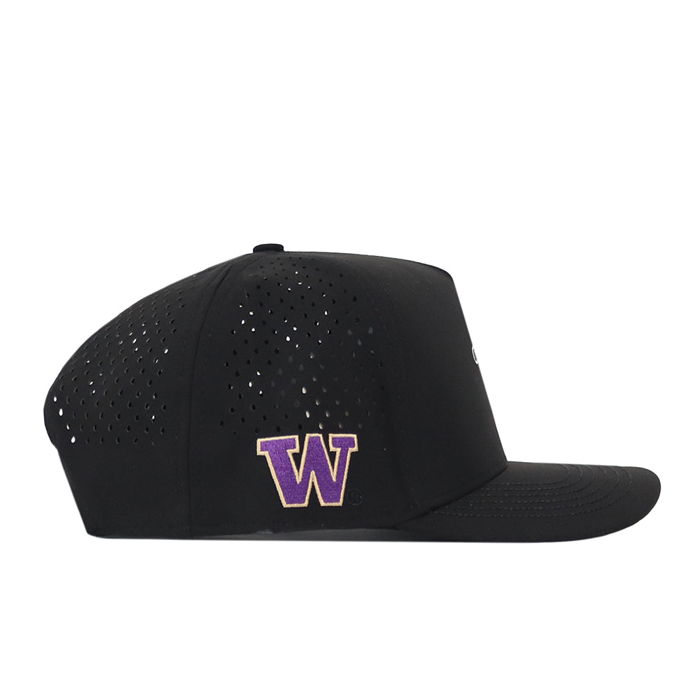 The No Rivals Washington Huskies Golf Hat - Black features perforated side panels, a purple and gold embroidered W logo on the left side, and a snapback closure for the perfect gameday fit.