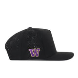 The No Rivals Washington Huskies Golf Hat - Black features perforated side panels, a purple and gold embroidered W logo on the left side, and a snapback closure for the perfect gameday fit.