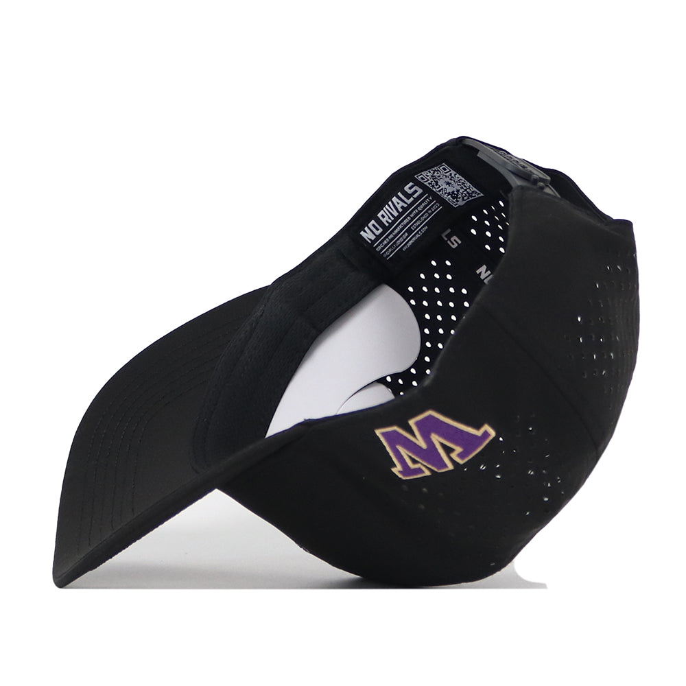 The Washington Huskies Golf Hat - Black by No Rivals is shown turned inside out, highlighting its inner lining and practical snap back adjustment—perfect for completing your Gameday Fit.