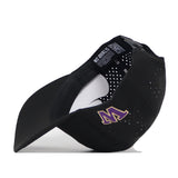 The Washington Huskies Golf Hat - Black by No Rivals is shown turned inside out, highlighting its inner lining and practical snap back adjustment—perfect for completing your Gameday Fit.