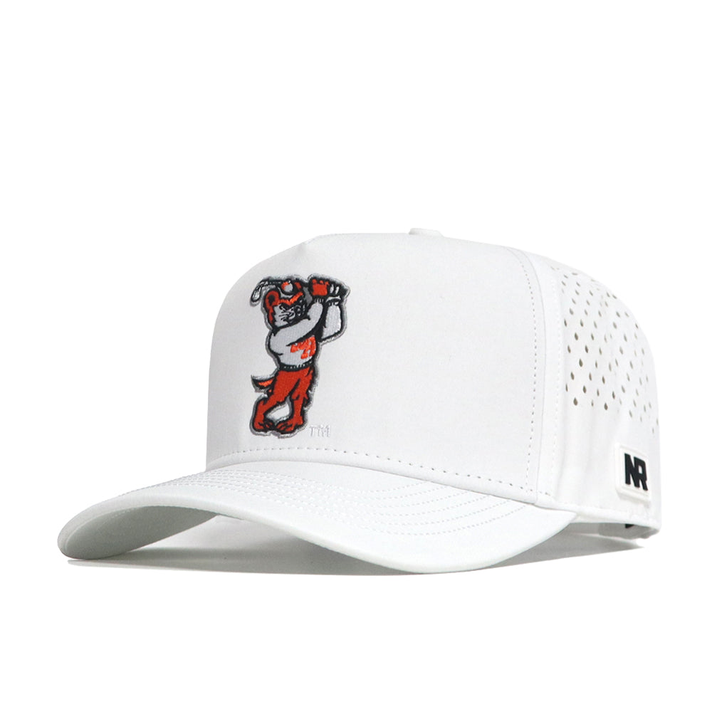 The Sam Houston State Golf Hat - White by No Rivals features a cartoon bulldog swinging a golf club on the front, ventilated side panels, and an embroidered NR logo—perfect for your gameday fit.