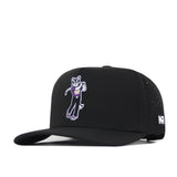 A black No Rivals Washington Huskies Golf Hat features an embroidered cartoon dog wearing a purple shirt and cap, a flat brim, an officially licensed NR logo patch on the side, and an embroidered logo for a premium finish.