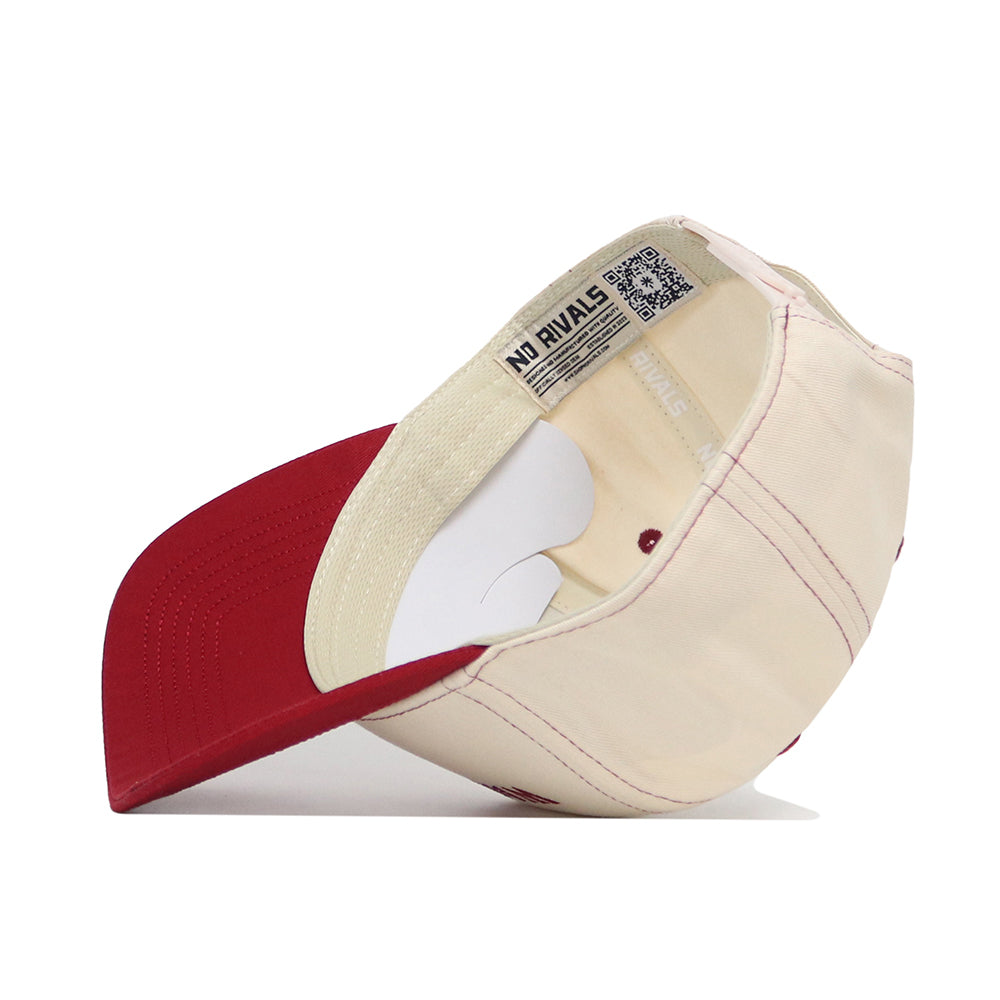 The Washington State Vintage Hat by No Rivals is shown upside down, displaying the inner stitching, a NO RIVALS label, and part of its curved brim in beige and red.