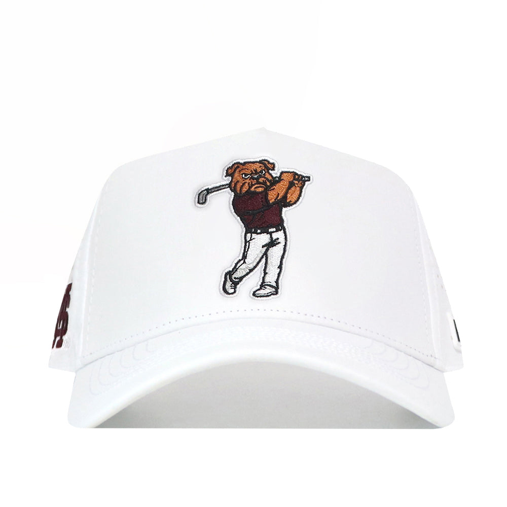 The No Rivals Mississippi State Golf Hat - White is a structured, snapback cap featuring an embroidered bulldog golfing in a maroon shirt and white pants on the front center panel for comfort and style.