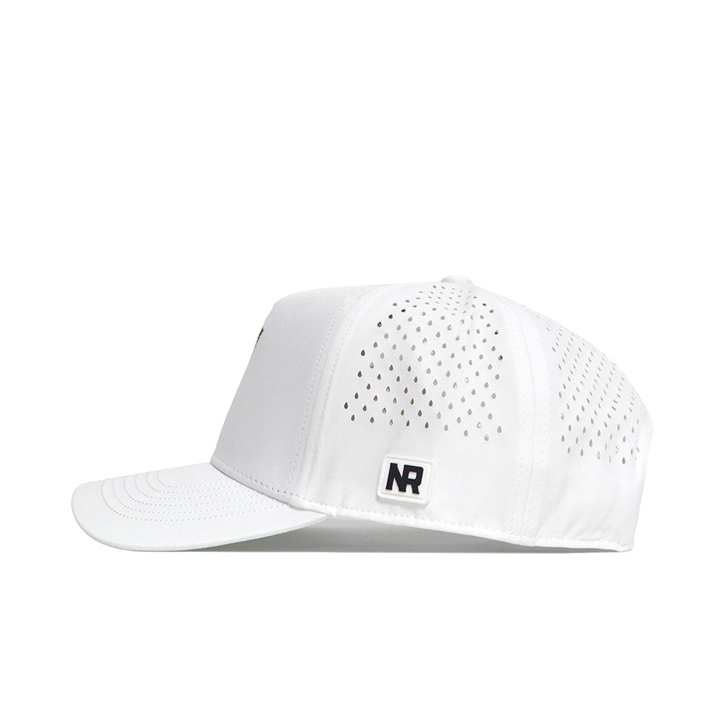 Side view of the Mississippi State Golf Hat - White by No Rivals, featuring small ventilation holes, a black and white NR logo patch above the adjustable strap, and a structured fit.