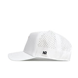 Side view of the Mississippi State Golf Hat - White by No Rivals, featuring small ventilation holes, a black and white NR logo patch above the adjustable strap, and a structured fit.