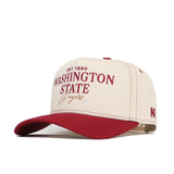 The No Rivals Washington State Vintage Hat is an officially licensed cream and maroon snapback with "Washington State Cougars EST 1890" on the front, a maroon brim and button, and an NR logo embroidered on the side.