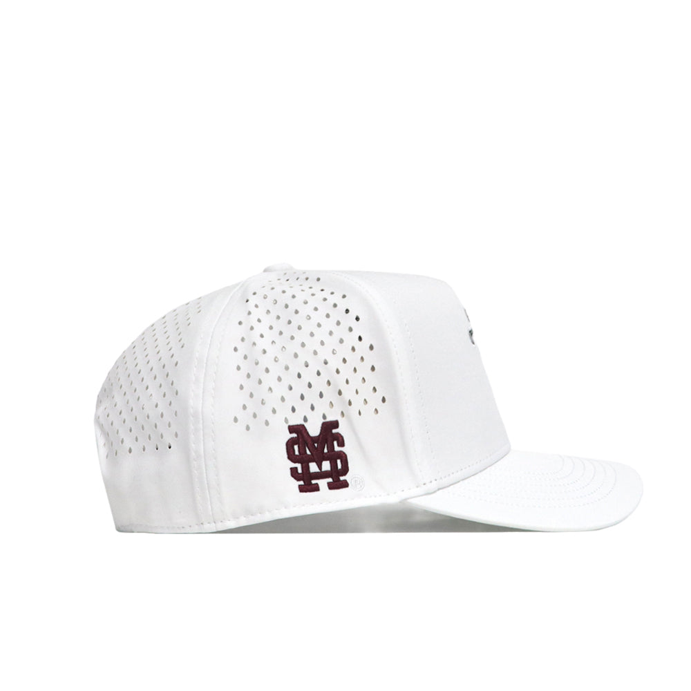 The No Rivals Mississippi State Golf Hat in white is a structured snapback with side ventilation holes, a flat brim, and a maroon MS overlapping logo embroidered near the back. The hat is shown from the side.