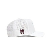 The No Rivals Mississippi State Golf Hat in white is a structured snapback with side ventilation holes, a flat brim, and a maroon MS overlapping logo embroidered near the back. The hat is shown from the side.