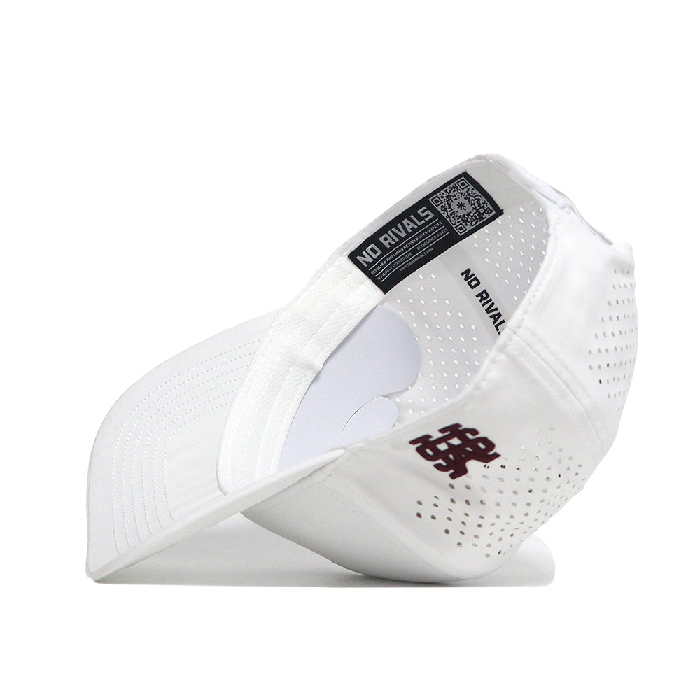 The Mississippi State Golf Hat - White by No Rivals is shown upside down, displaying its perforated back, structured inner panels, NO RIVALS label, and a stylized logo with overlapping letters on the side.