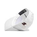 The Mississippi State Golf Hat - White by No Rivals is shown upside down, displaying its perforated back, structured inner panels, NO RIVALS label, and a stylized logo with overlapping letters on the side.