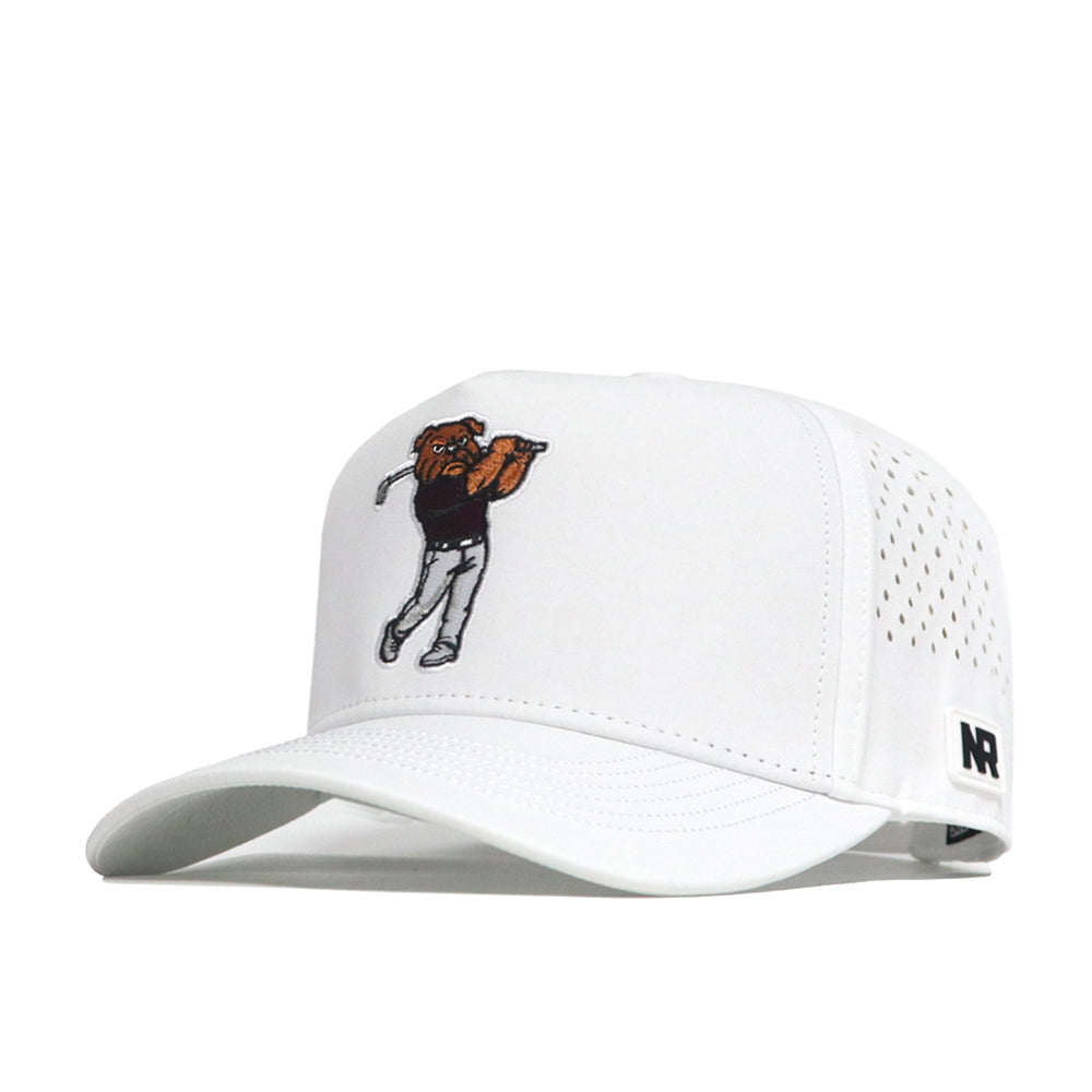 The Mississippi State Golf Hat - White by No Rivals is a structured snapback featuring an embroidered cartoon bear swinging a golf club, side ventilation holes, and a black NR logo patch near the brim.