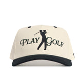 The No Rivals Play Golf Hat - Classic Black features a beige crown, black brim, and an embroidered PLAY GOLF logo with golfer silhouette. Complete your look with this stylish cap’s adjustable snap back for the perfect fit.