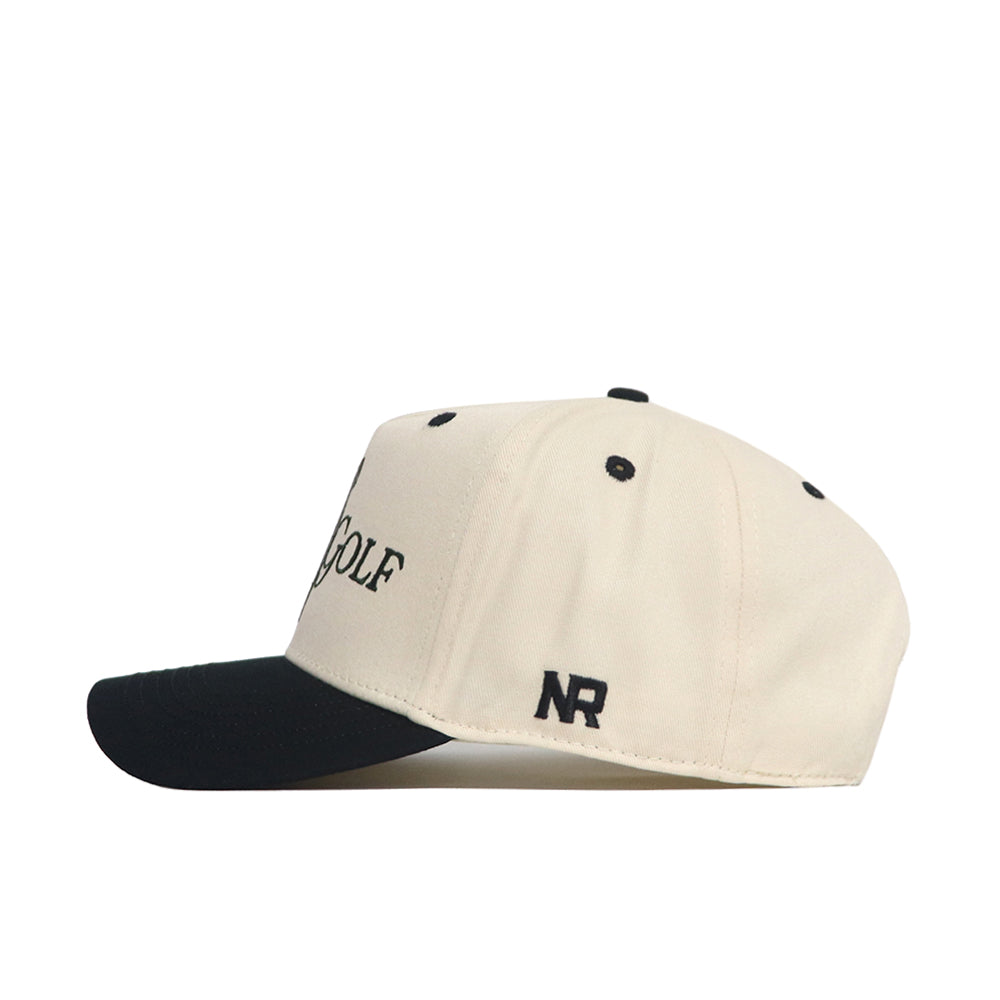The Play Golf Hat - Classic Black by No Rivals features a beige body, black curved brim, black eyelets, "GOLF" embroidered on the front, and NR initials stitched on the side—ideal for elevating your gameday style.