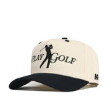 The No Rivals Play Golf Hat - Classic Black is a beige and black baseball cap with an embroidered PLAY GOLF logo, golfer silhouette on the front, black brim, ventilation holes on top, and a Snap Back Adjustment for a perfect fit.