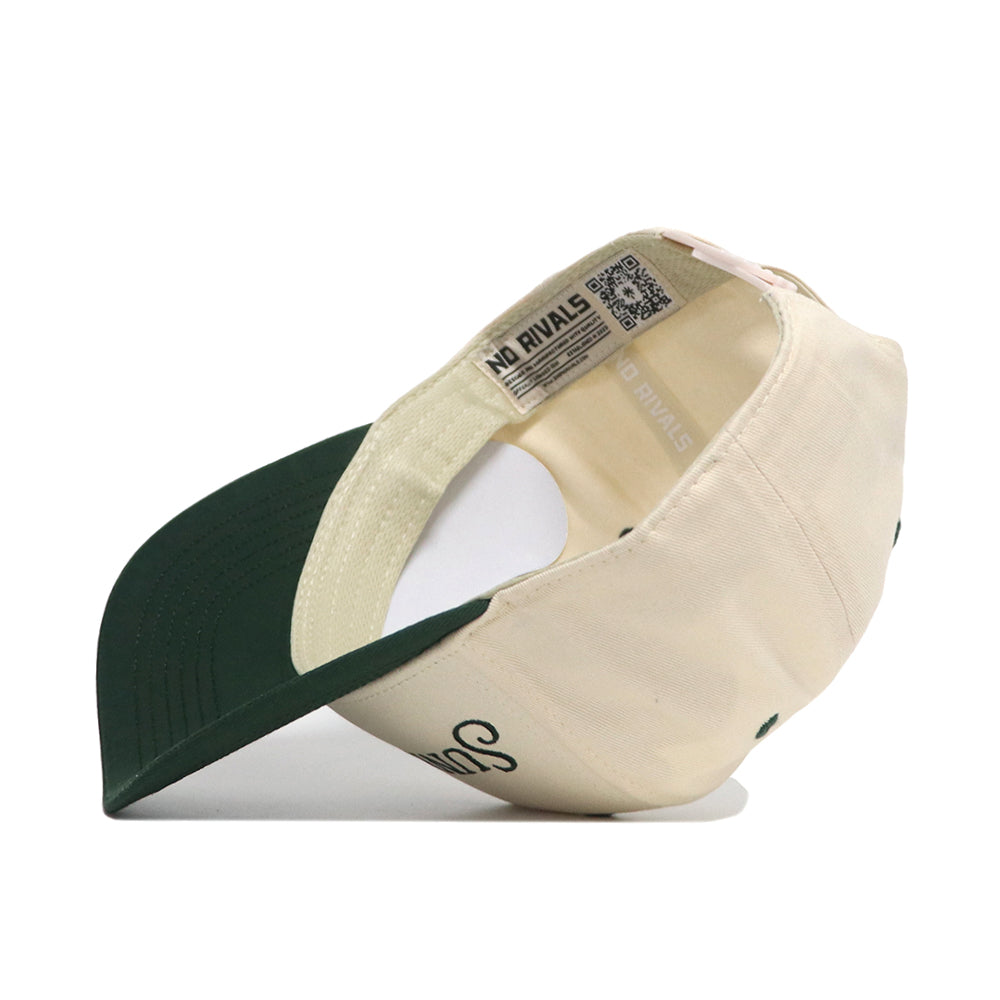 The No Rivals Sunday Golf Hat - Classic Green features a cream and green design with a side-view brim left, inside tag reading NO RIVALS, and an adjustable strap—ideal for your gameday fit.