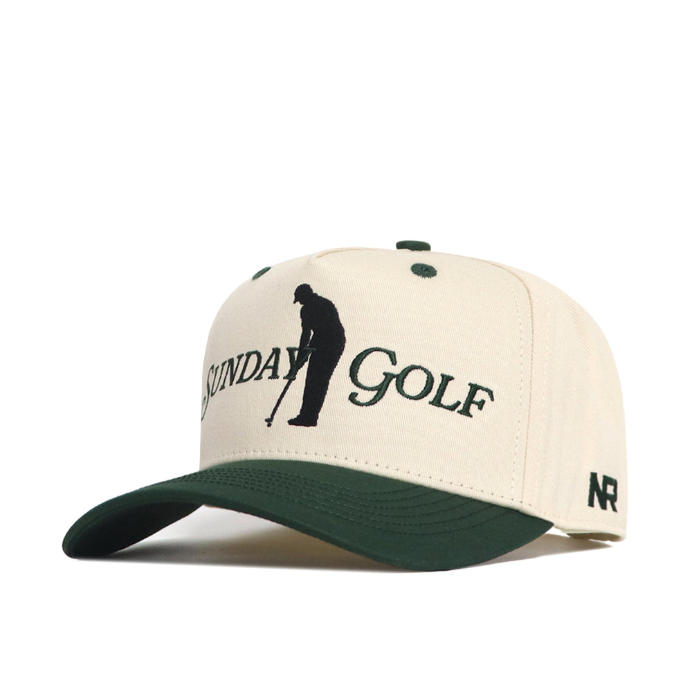 The Sunday Golf Hat - Classic Green by No Rivals features a cream and green design with an embroidered golfer and logo on the front, a dark green brim, plus a small NR logo on the side—ideal for your gameday look.