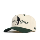 The Sunday Golf Hat - Classic Green by No Rivals features a cream and green design with an embroidered golfer and logo on the front, a dark green brim, plus a small NR logo on the side—ideal for your gameday look.