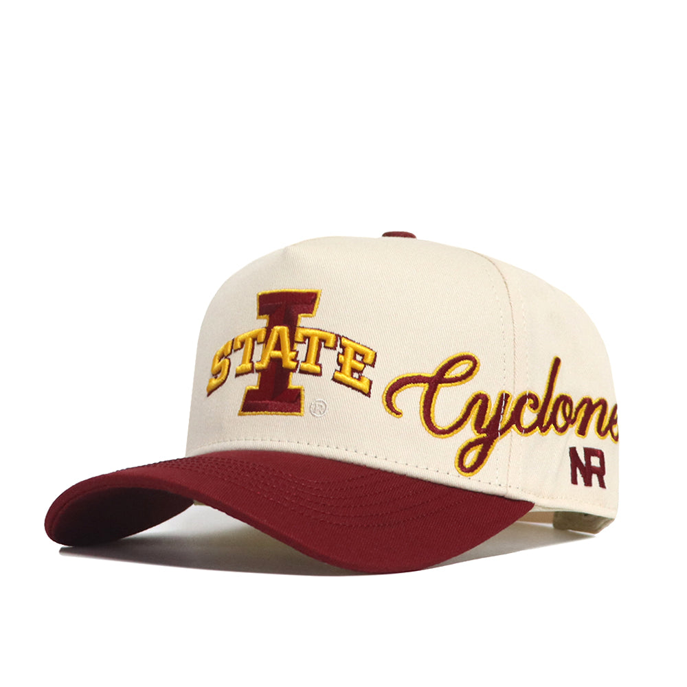 The Iowa State Halftime Hat by No Rivals is a white and maroon snapback with "I STATE Cyclones" embroidered on the front, featuring a maroon brim, off-white cap, and detailed logos—perfect for representing Iowa State University.