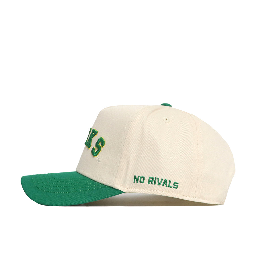 The Right Side Up Ducks Hat - Oregon - Classic by No Rivals is a cream snapback baseball cap with a green brim and top button, finished with an embroidered NO RIVALS logo in green thread on the side for a bold look.